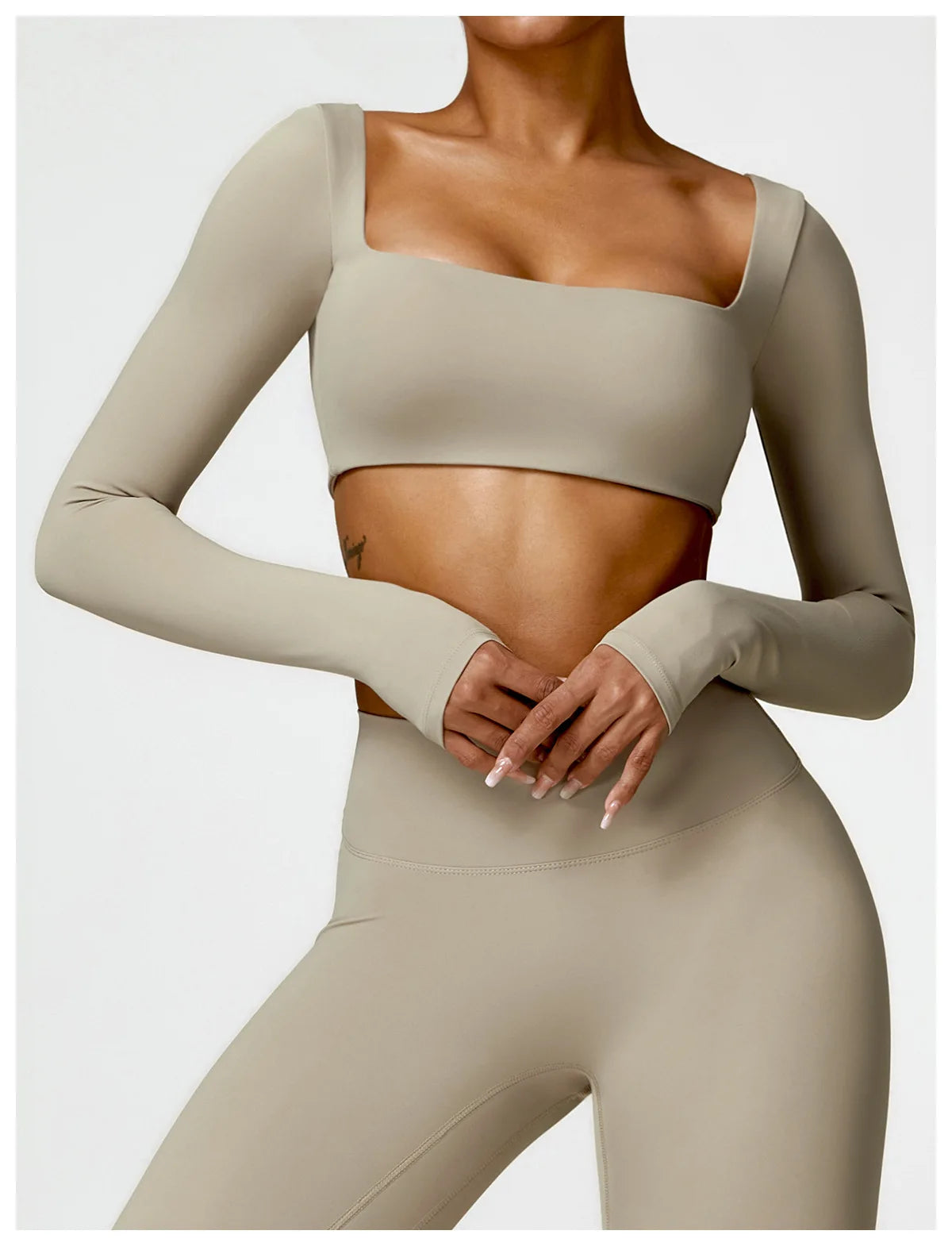 Women's Quick-Dry Square Neck Sports Crop Top – Long Sleeve Gym & Yoga Activewear