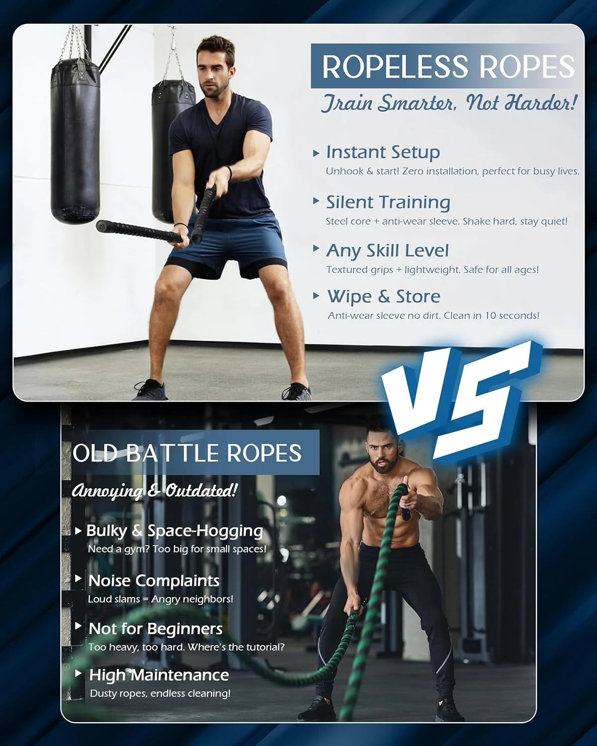 Ropeless Battle Rope – Cordless Heavy Duty Weighted Fitness Trainer for Home Gym
