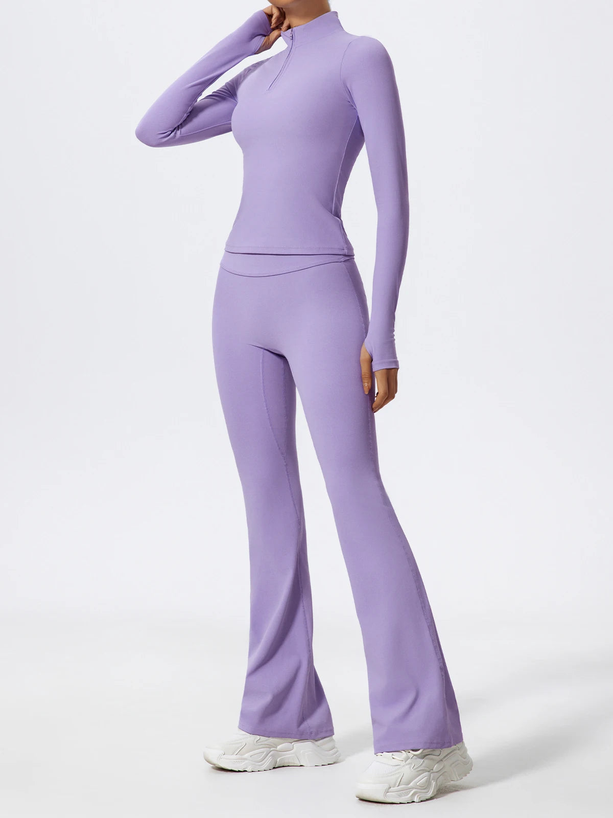 Women's 2-Piece Half-Zip Yoga Set – Long Sleeve Sports Top & Flared Workout Pants