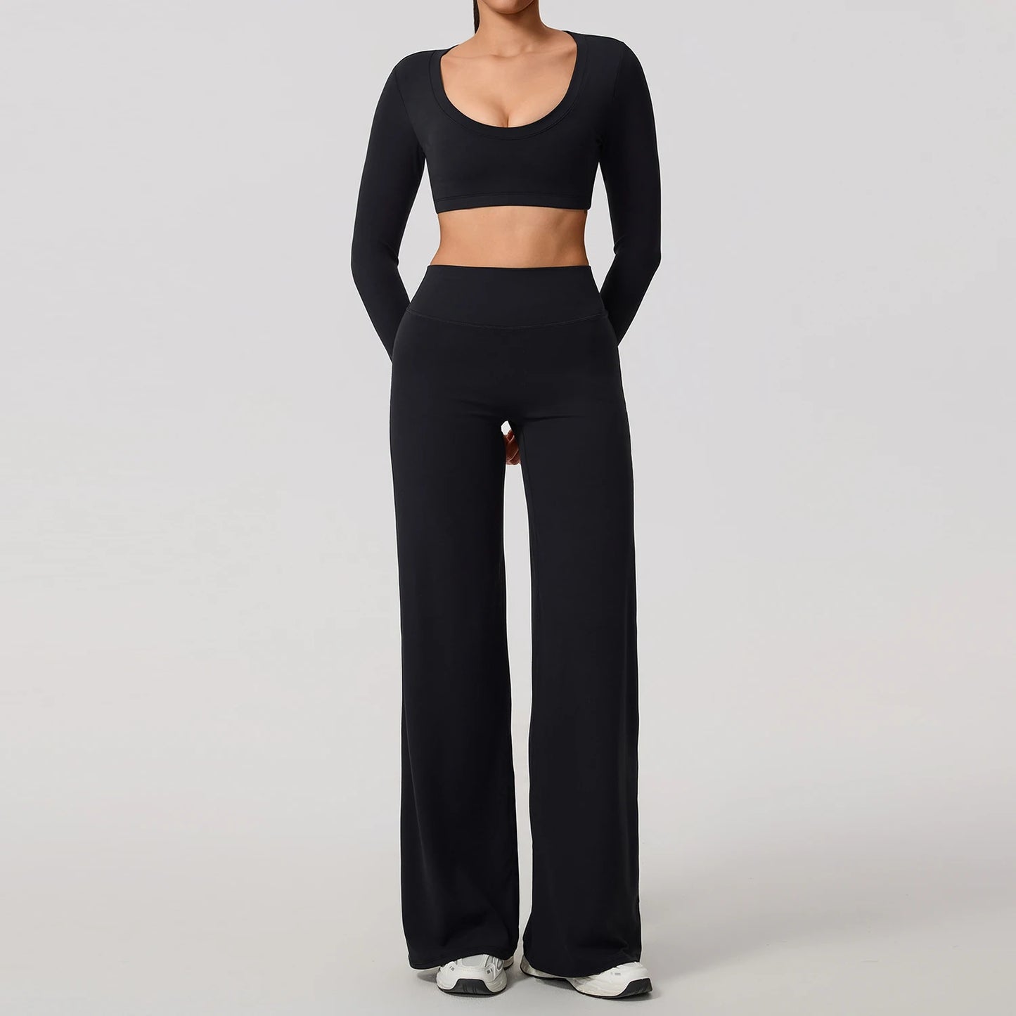 Women's 2-Piece Sports Set – Long Sleeve Backless Fitness Top & Wide Leg Yoga Pants