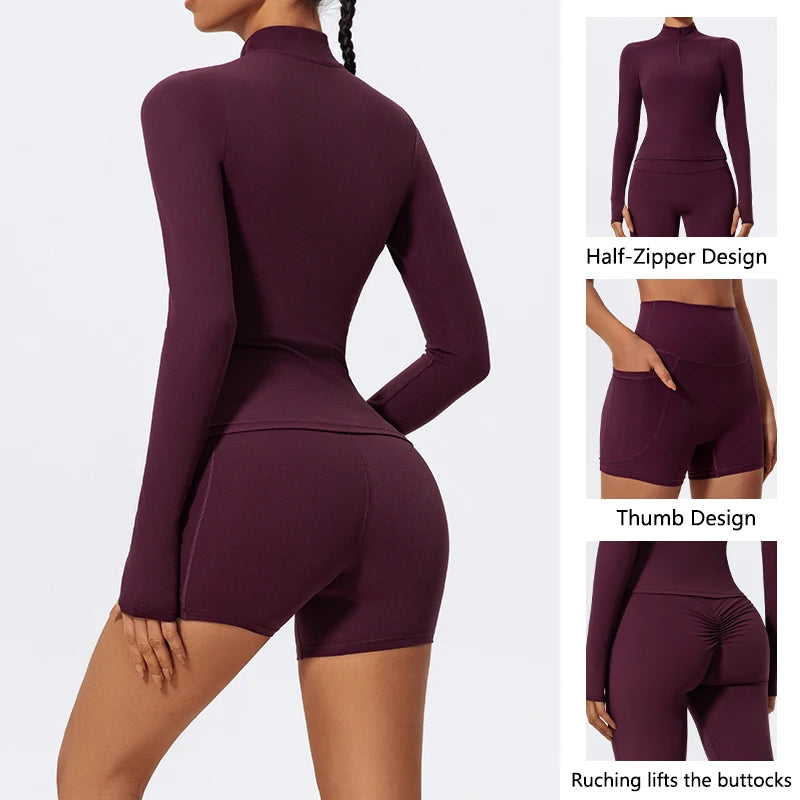 Women's 2-Piece Half-Zip Yoga Set – Long Sleeve Sports Top & Flared Workout Pants