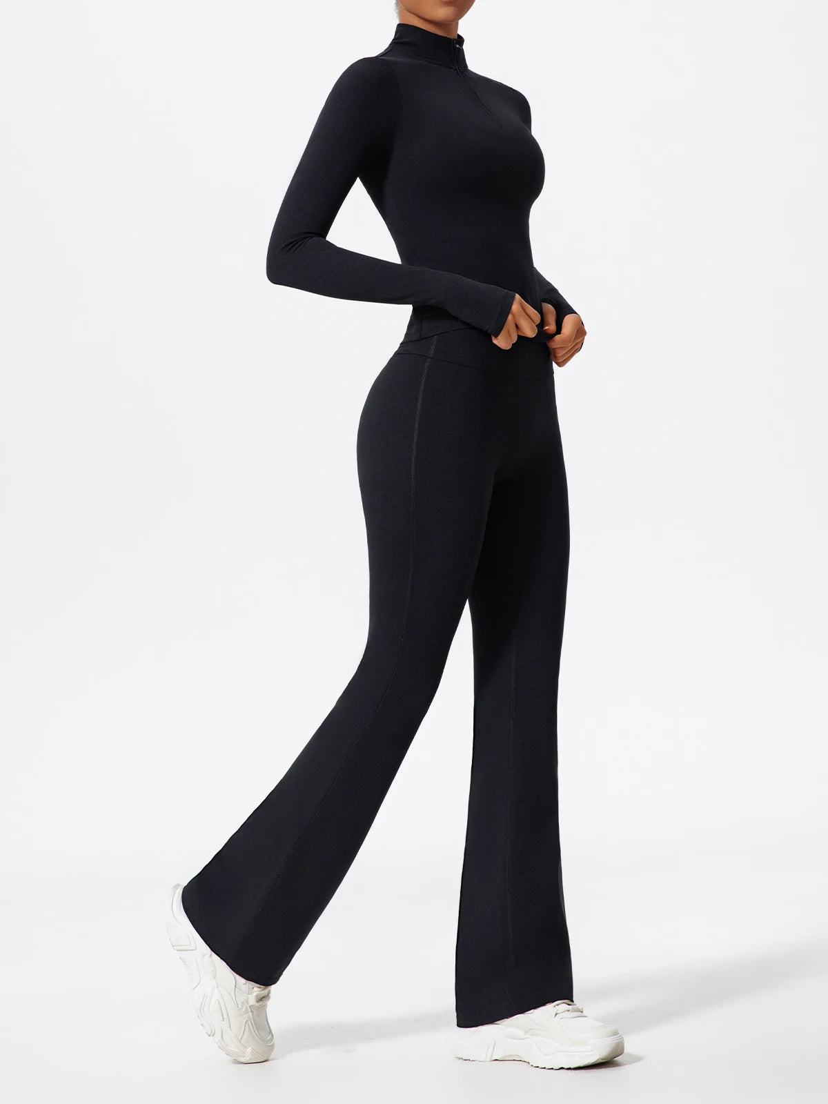 Women's 2-Piece Half-Zip Yoga Set – Long Sleeve Sports Top & Flared Workout Pants