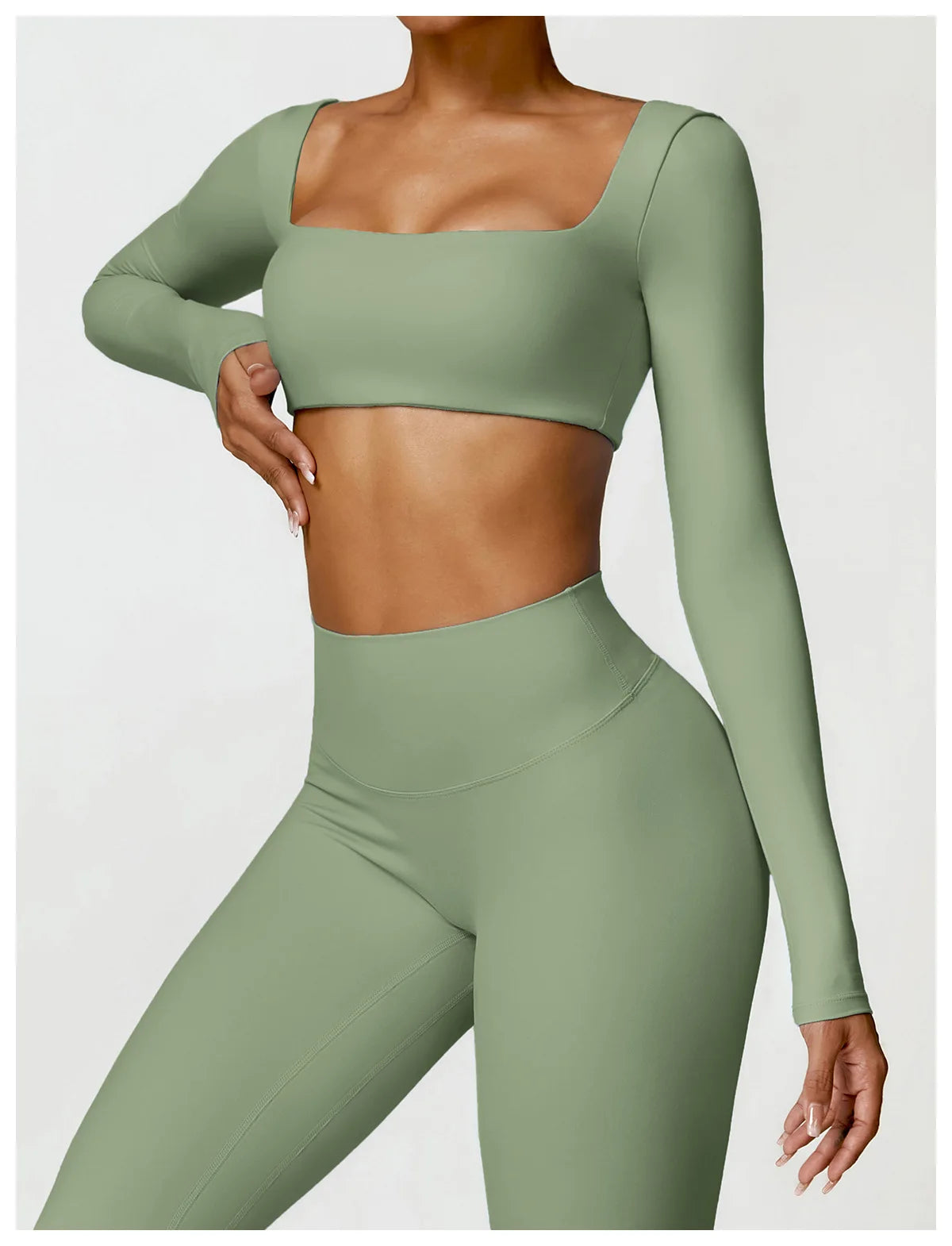 Women's Quick-Dry Square Neck Sports Crop Top – Long Sleeve Gym & Yoga Activewear