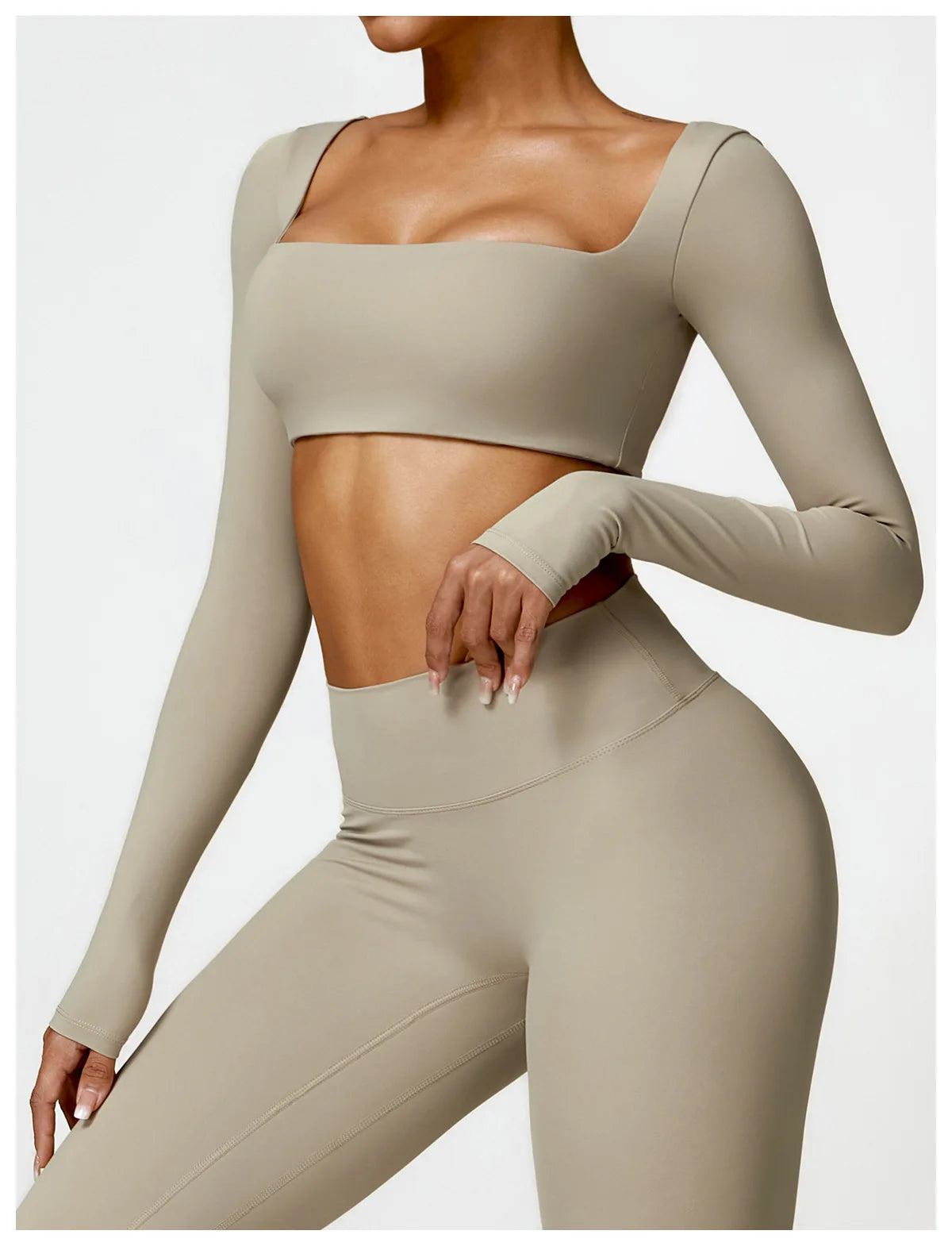 Women's Quick-Dry Square Neck Sports Crop Top – Long Sleeve Gym & Yoga Activewear