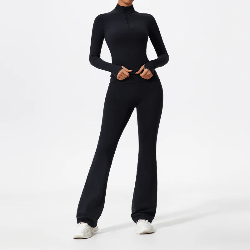 Women's 2-Piece Half-Zip Yoga Set – Long Sleeve Sports Top & Flared Workout Pants
