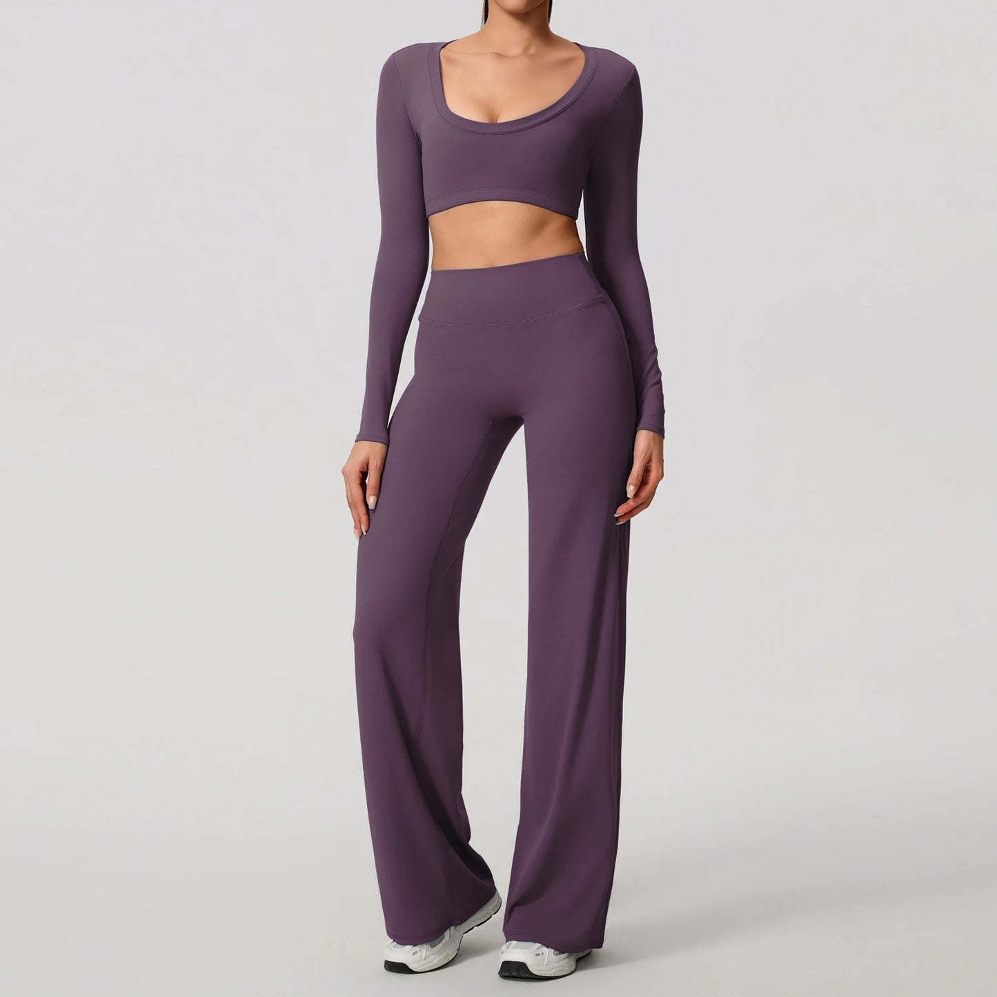 Women's 2-Piece Sports Set – Long Sleeve Backless Fitness Top & Wide Leg Yoga Pants