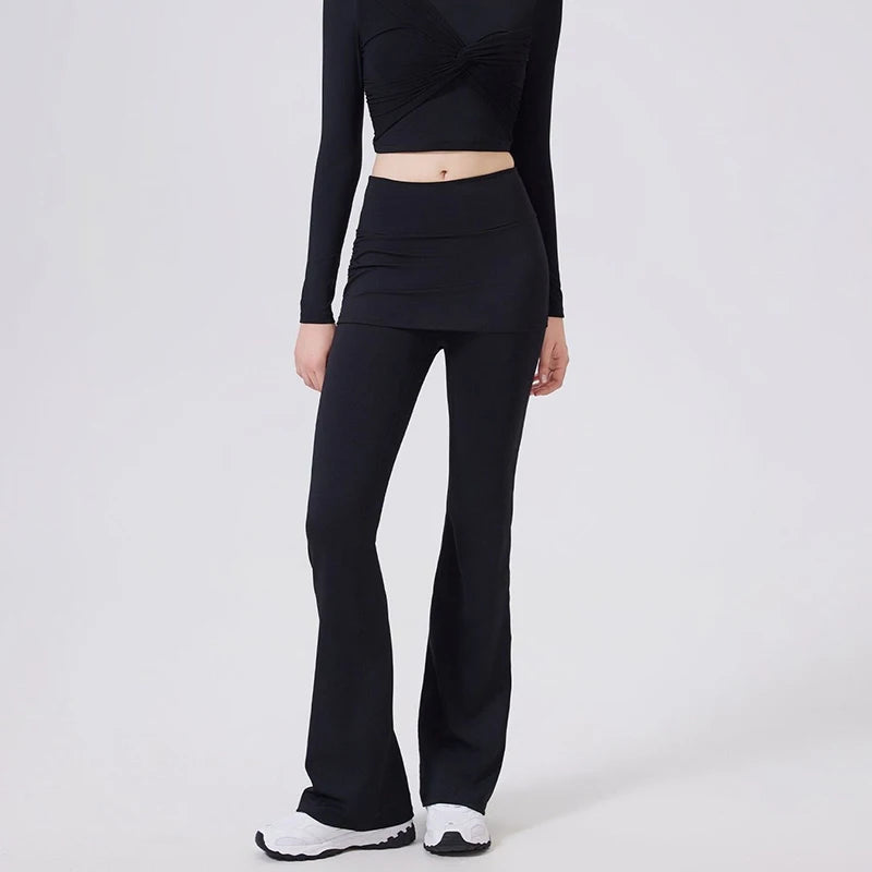 Women’s High-Waist Flared Yoga Pants with Hip Cover Skirt