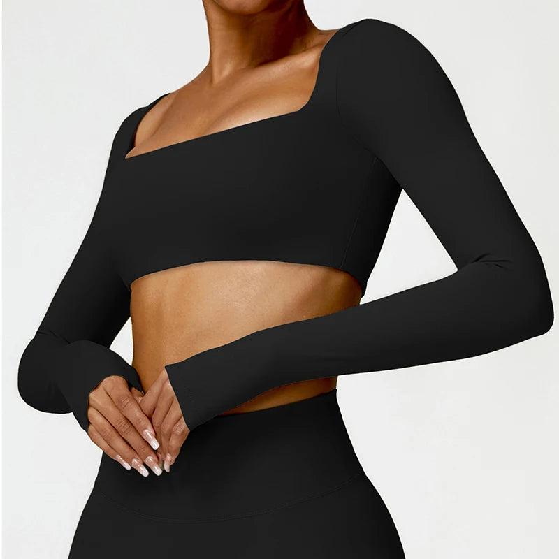 Women's Quick-Dry Square Neck Sports Crop Top – Long Sleeve Gym & Yoga Activewear