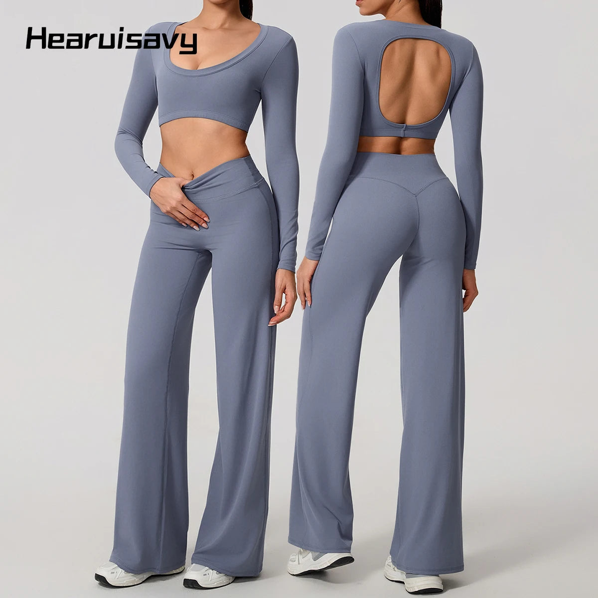 Women's 2-Piece Sports Set – Long Sleeve Backless Fitness Top & Wide Leg Yoga Pants