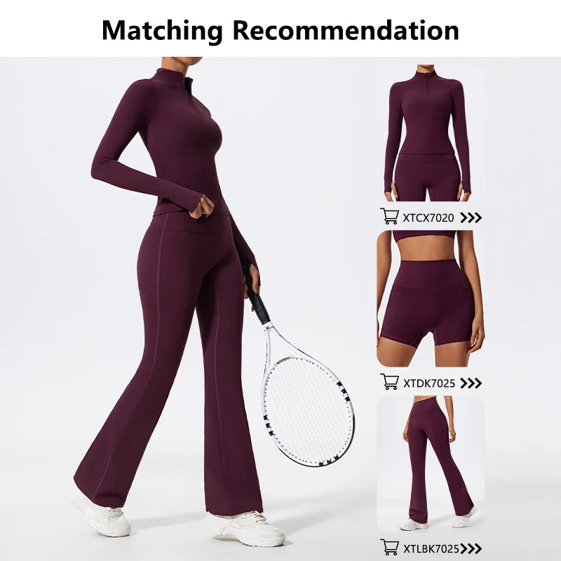 Women's 2-Piece Half-Zip Yoga Set – Long Sleeve Sports Top & Flared Workout Pants