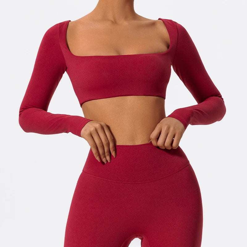 Women's Quick-Dry Square Neck Sports Crop Top – Long Sleeve Gym & Yoga Activewear