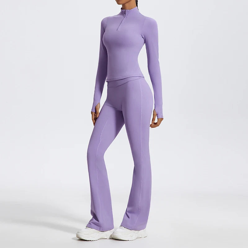 Women's 2-Piece Half-Zip Yoga Set – Long Sleeve Sports Top & Flared Workout Pants