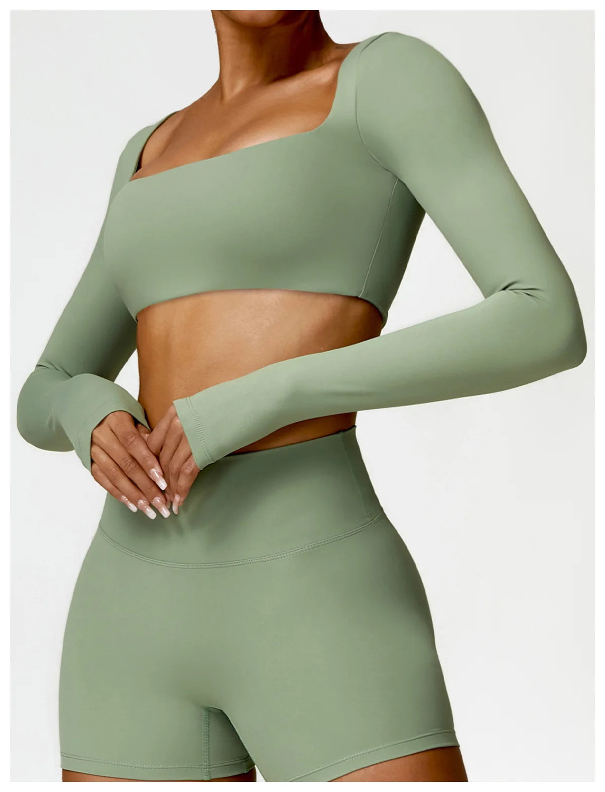 Women's Quick-Dry Square Neck Sports Crop Top – Long Sleeve Gym & Yoga Activewear