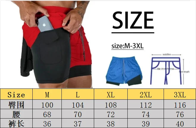 Men’s 2-in-1 Running Shorts – Double Layer Gym & Training Sports Shorts