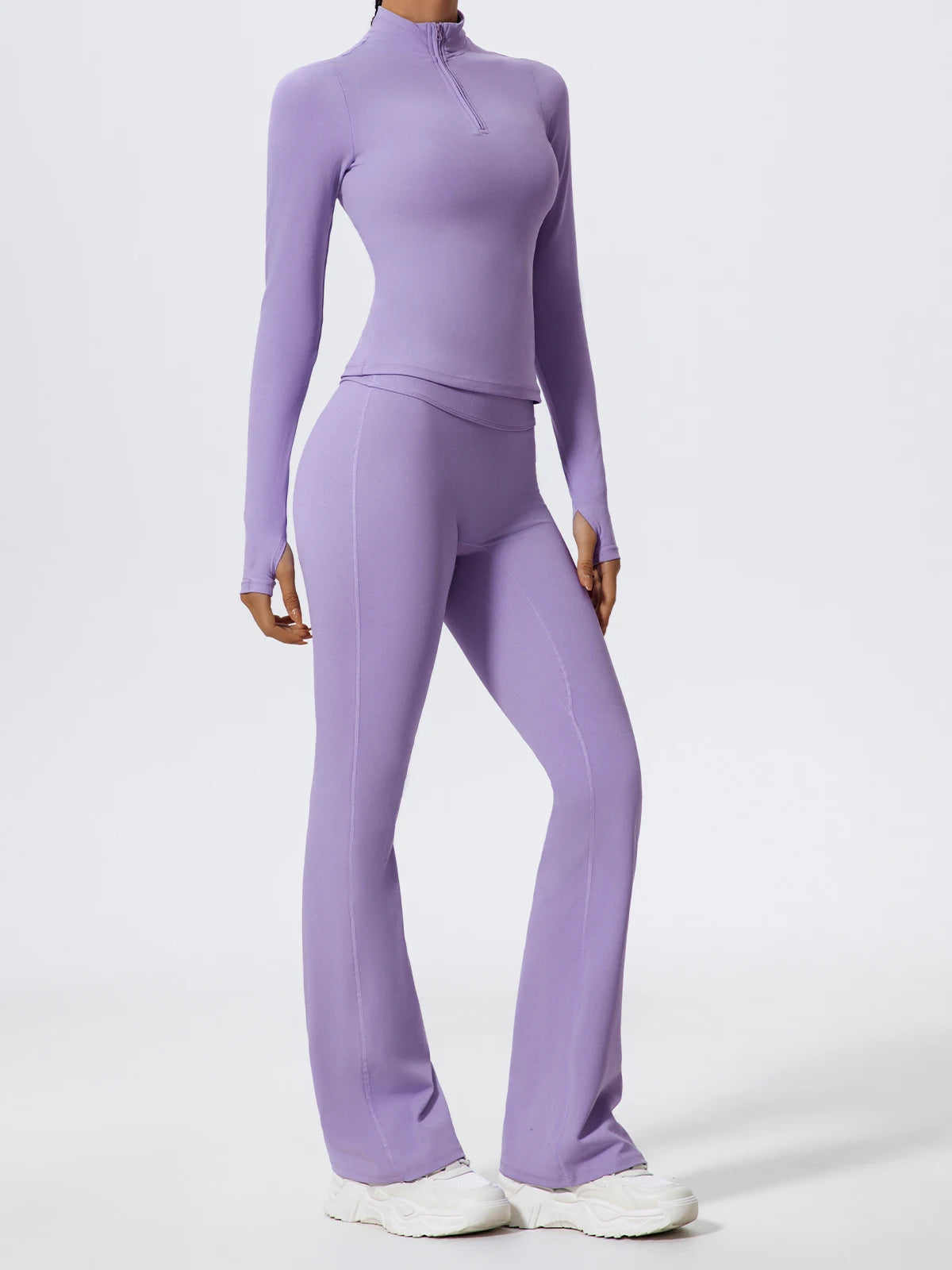 Women's 2-Piece Half-Zip Yoga Set – Long Sleeve Sports Top & Flared Workout Pants