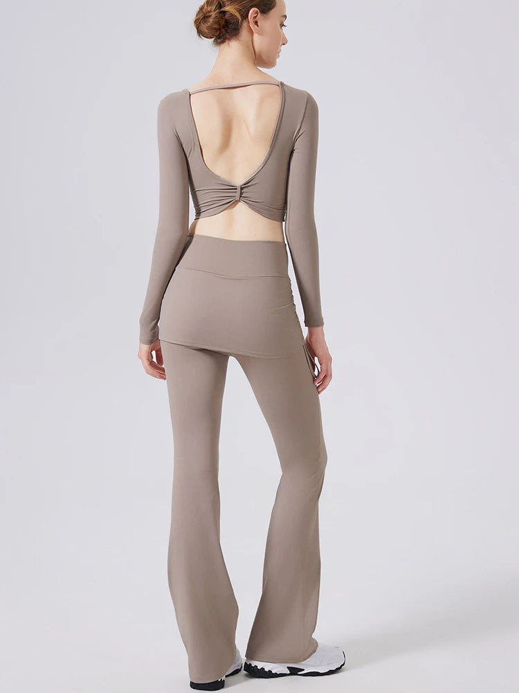 Women’s High-Waist Flared Yoga Pants with Hip Cover Skirt