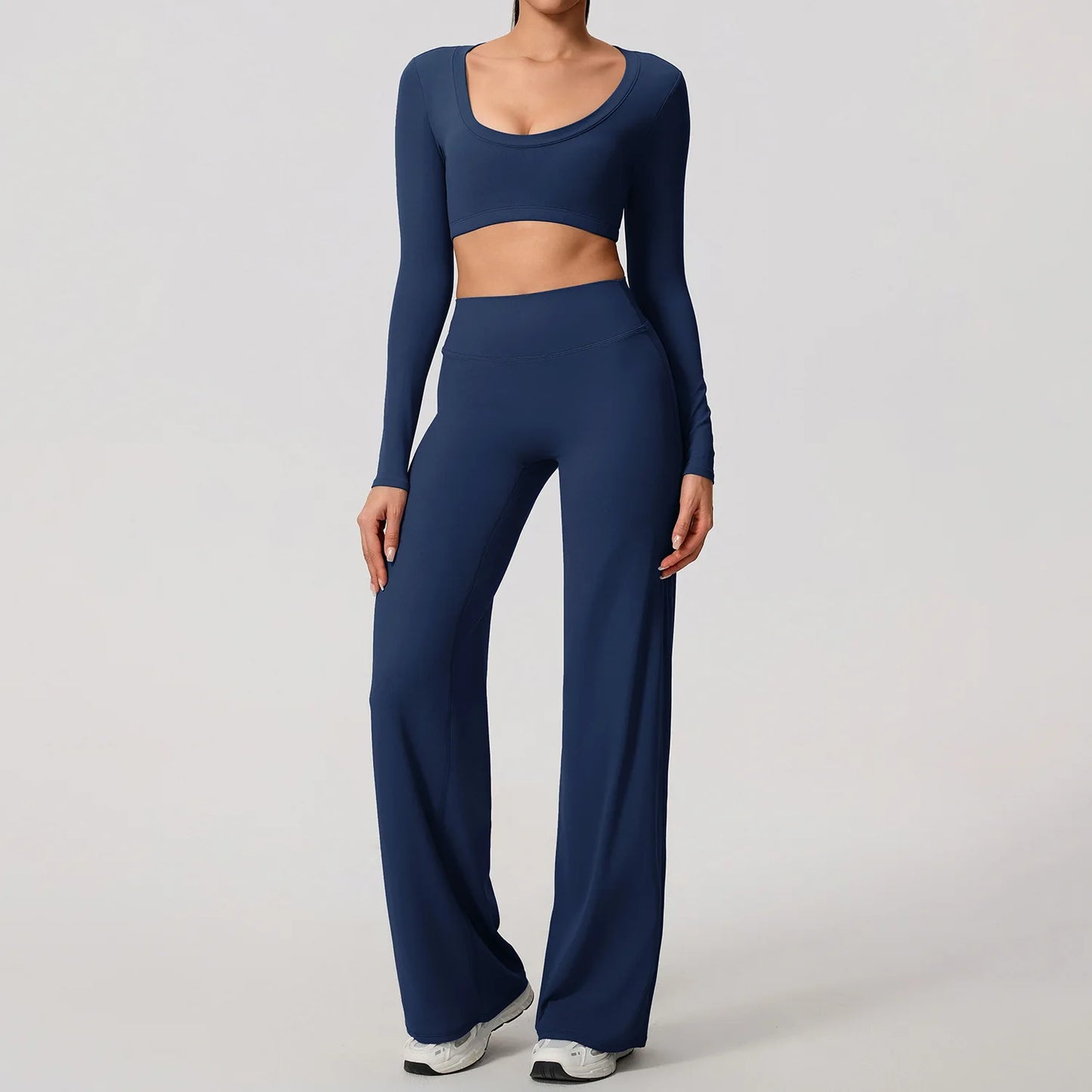 Women's 2-Piece Sports Set – Long Sleeve Backless Fitness Top & Wide Leg Yoga Pants