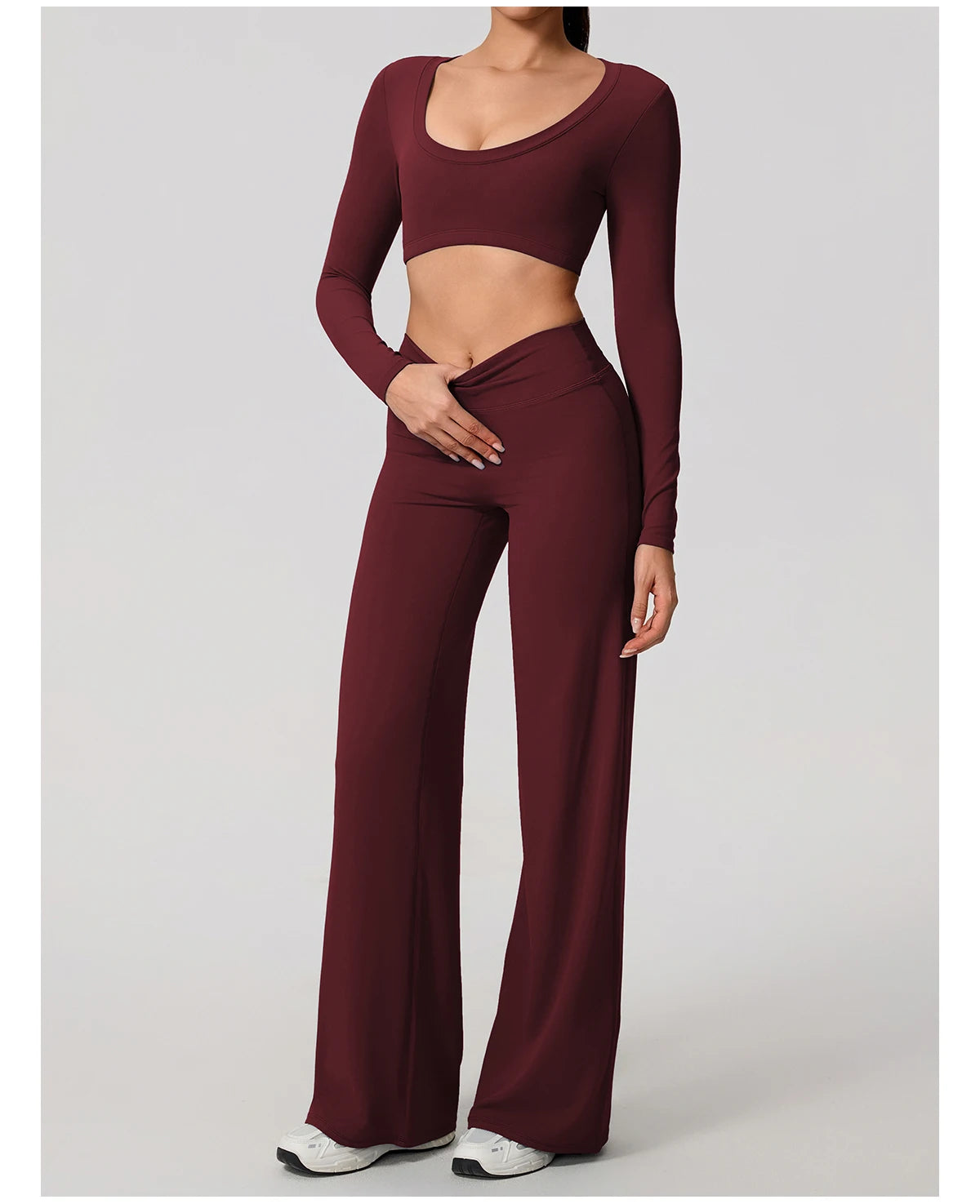 Women's 2-Piece Sports Set – Long Sleeve Backless Fitness Top & Wide Leg Yoga Pants