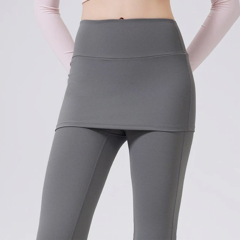 Women’s High-Waist Flared Yoga Pants with Hip Cover Skirt